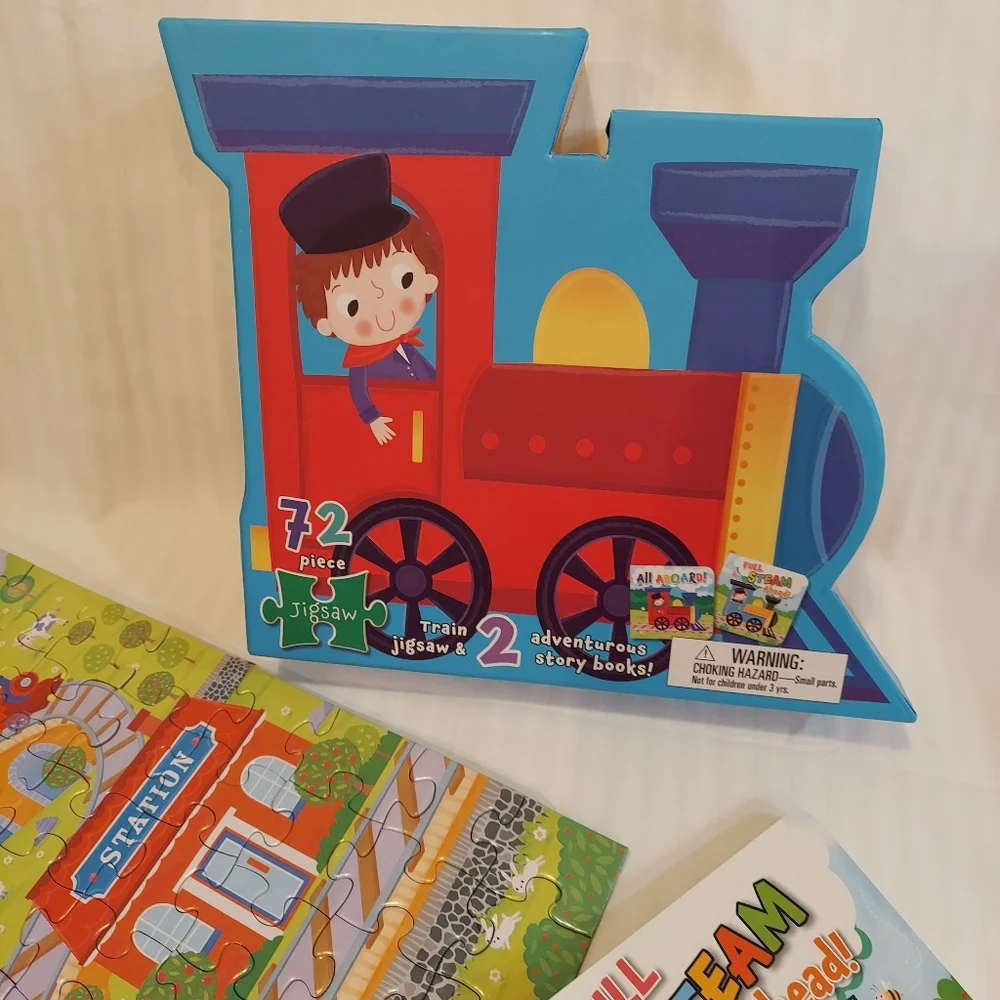 72 piece train puzzle With 2 Books And Sturdy Train Storage Box